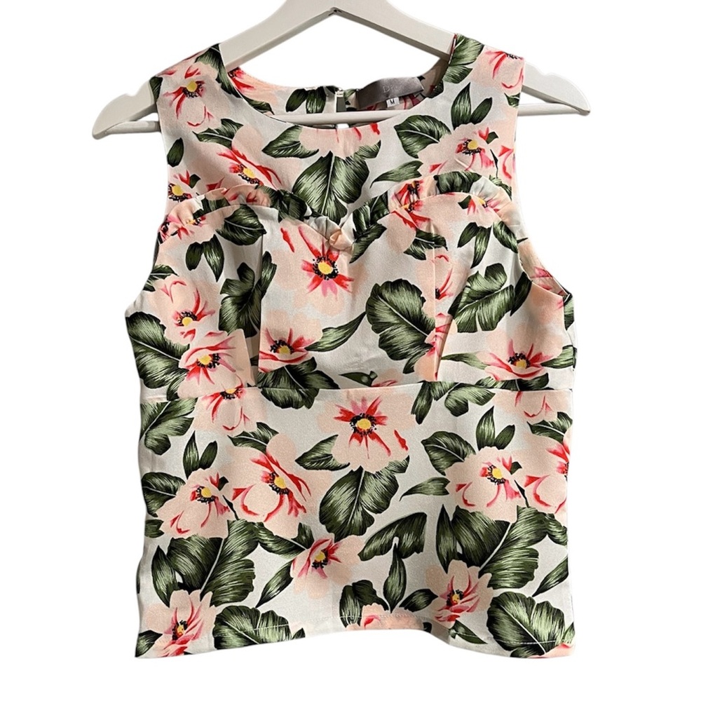 Tropical White & Pink Floral Sleeveless Feminine Summer Casual Blouse Size M